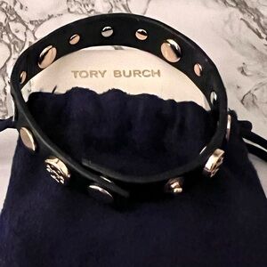 Tory Burch Black Leather Bracelet with Gold and Silver Accents